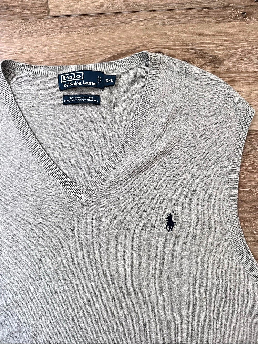 Vintage Polo Ralph Lauren Gray Pima Cotton V-Neck Sweater Vest XXL Y2K Like New